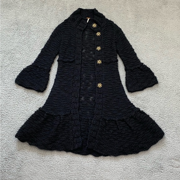 Free People Cardigan Sweater Womens XS Black Crochet Knit Wool Blend Bell Cuffs - Picture 12 of 13
